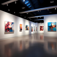 A modern art gallery with abstract paintings.