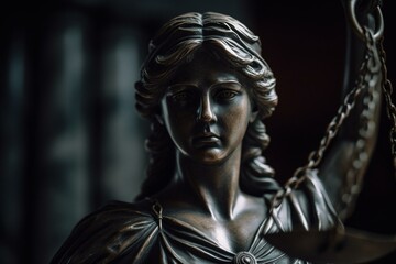 Frontal close-up photograph of a Justitia statue. Generative AI