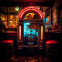 A retro jukebox in a dimly lit, atmospheric bar.