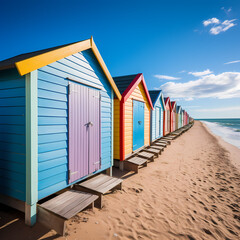 Fototapeta na wymiar Row of colorful beach huts against a blue sky.
