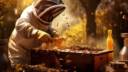 Beekeeper working collect honey. beekeeper holding a honeycomb full of bees. Beekeeper inspecting honeycomb frame at apiary. Beekeeping concept.