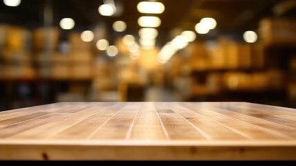 The empty wooden table top with blur background of factory. Exuberant image. generative AI - obrazy, fototapety, plakaty