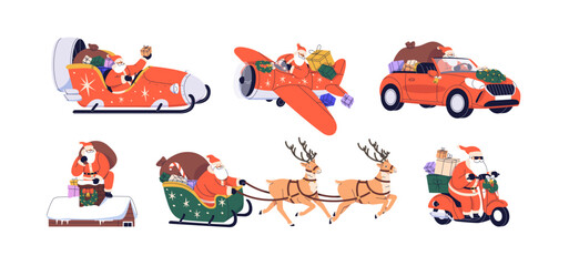 Santa Claus flying on sleigh with reindeers, plane, driving car, sledge, motorcycle with winter gifts, presents for Christmas, New Year. Flat graphic vector illustrations isolated on white background © Good Studio
