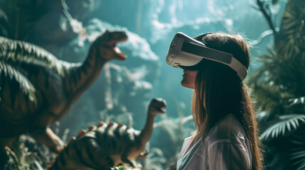 Young woman wearing a virtual reality headset using it to visualize a prehistoric world with real dinosaurs, game technology concept
