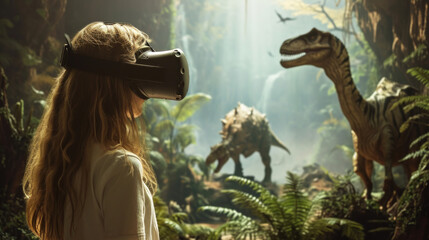 Fototapeta premium Young woman wearing a virtual reality headset using it to visualize a prehistoric world with real dinosaurs, game technology concept