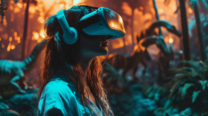 Young woman wearing a virtual reality headset using it to visualize a prehistoric world with real dinosaurs, game technology concept - obrazy, fototapety, plakaty