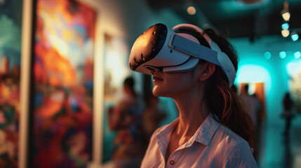 Young woman wearing a virtual reality headset using it to visualize a museum art gallery with paintings, virtual museum tour concept - obrazy, fototapety, plakaty