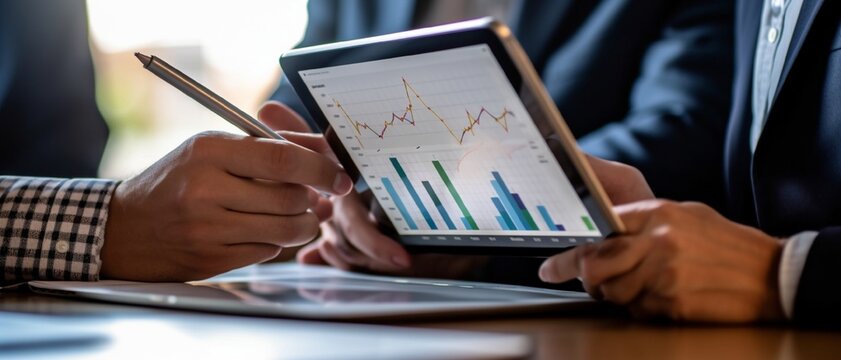Financial analysts analyze business financial reports on a digital tablet planning investment project during a discussion at a meeting of corporate showing the results of their successful teamwork. --