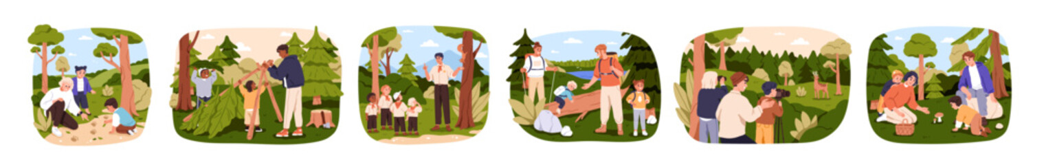 Children and adults in forest set. Kids, parents in nature on summer holiday, studying environment. Outdoor leisure, scouting, adventure. Flat graphic vector illustration isolated on white background - obrazy, fototapety, plakaty