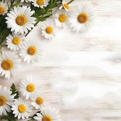 Obraz premium Daisy Flowery border with white wooden copy-space blank surface