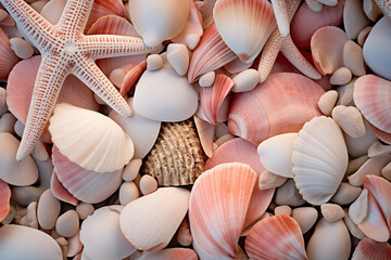 Nature, graphic resource concept. Abstract and minimalist various shapes and forms corals and seashells background with copy space. Tones image with pink color - obrazy, fototapety, plakaty