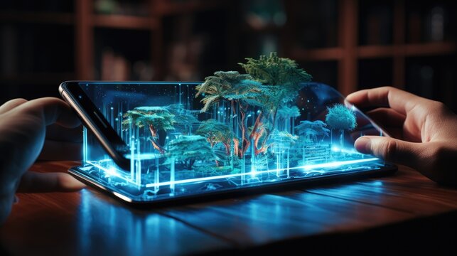 person typing on a digital tablet. 7D programming. 5D illustration. 3D modeling