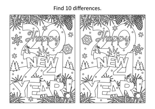 Happy New Year 2024 difference game and coloring page with greeting text and winter scene
