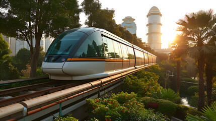  a futuristic sleek train on the railway through city
