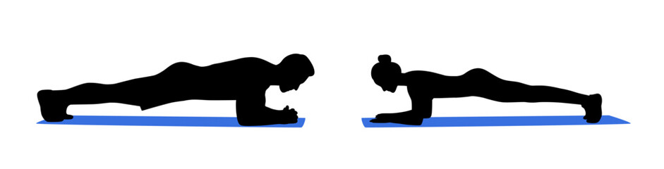 Fitness man and woman doing planking exercise in gym, man woman make an exercise plank silhouette