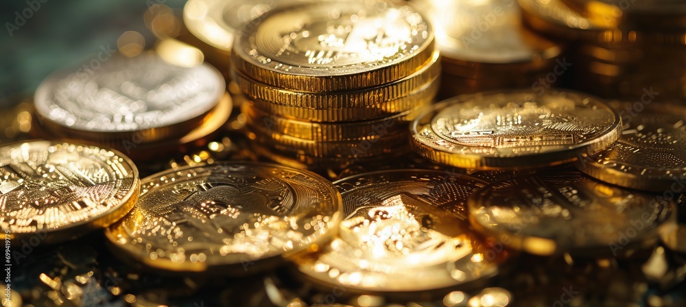 Poster stack of gold coins. generative ai technology.