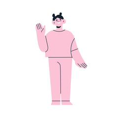Happy smiling girl waving with hand, greeting with hi gesture. Abstract young excited friendly female character standing, welcoming, saying hello. Flat vector illustration isolated on white background