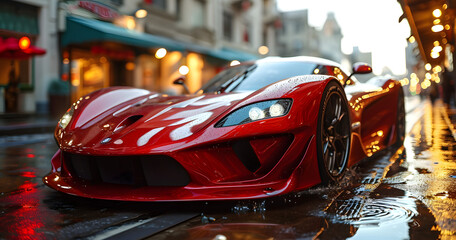 a  red concept futuristic sports car in the street - obrazy, fototapety, plakaty