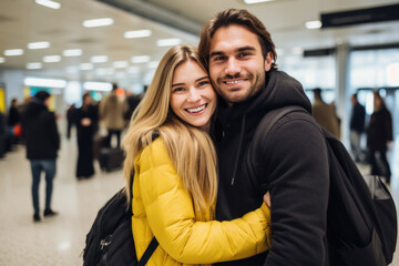 young couple hugging to each other at airport
