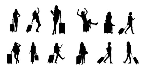 Woman with suitcase going to traveling, woman with luggage go to airport silhouette on white