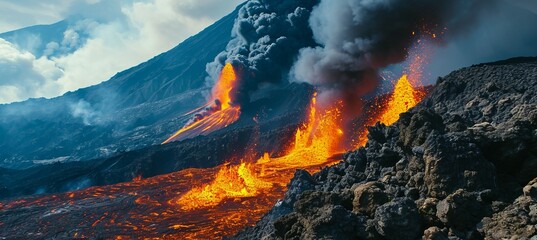 Lava flow mountain eruption. Generative AI technology.	
