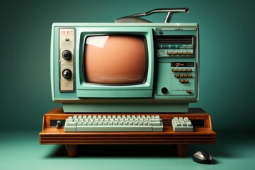 Retro Personal Computer with CRT Monitor, on an isolated Teal background, Generative AI