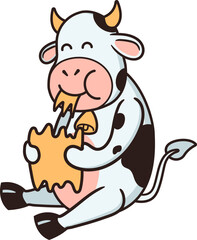 Kawaii Chibi Cow Sitting While Eating Straw Happily