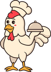 Chicken Chef Character Wearing Kitchen Hat Carrying Closed Food Tray