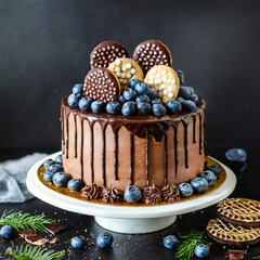 kyiv ukraine june 20 chocolate cake decorated with blueberries cookies and bubble chocolates