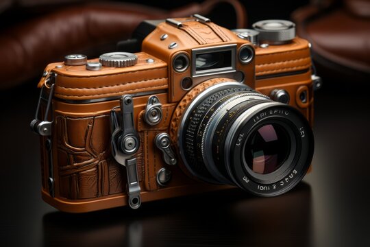 Vintage Film Camera with a Leather Strap, on an isolated Coffee Brown background, Generative AI