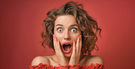 A beautiful woman is shocked, happy, and surprised. Image generated by AI. Beautiful image. Background image