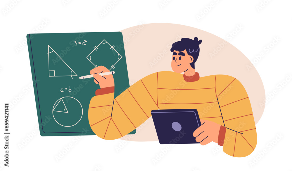 Poster Student studying math online. Character at mathematics class, geometry lesson, drawing formula, solving problems on board. Digital learning. Flat vector illustration isolated on white background
