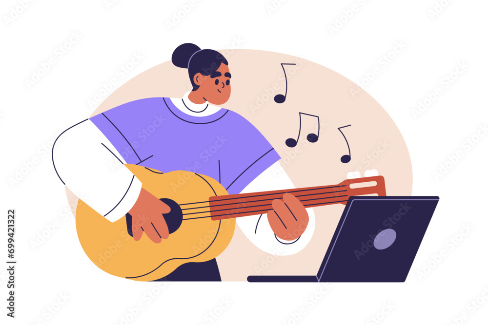 Poster student playing acoustic guitar at online music lesson. woman with string instrument studying by onl