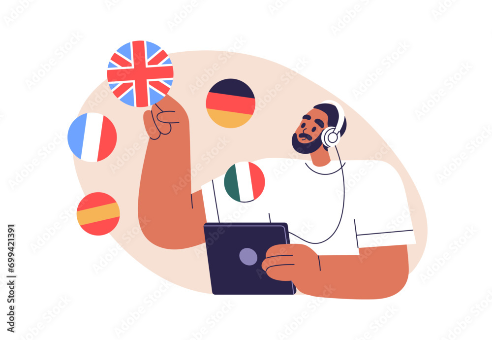 Poster Studying foreign language online. Student choosing English course to learn in internet school. Digital education, elearning concept. Flat graphic vector illustration isolated on white background