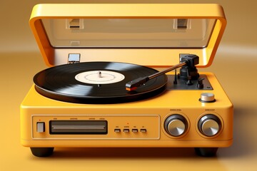 Old-School Turntable Record Player, on an isolated Mustard Yellow background, Generative AI