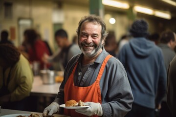 Receiving food for the poor from volunteers: the concept of feeding. Volunteer serving the homeless in a social canteen or shelter - obrazy, fototapety, plakaty
