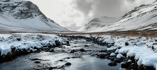 Fototapeta premium Winter mountain valley river stream. Generative AI technology.