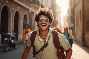Young man traveler in sunglasses and holding backpack running - Powered by Adobe