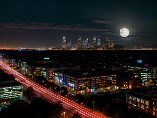 Fototapeta na wymiar Cyberpunk Cityscape with Long Exposure Traffic Photo with Super Full Moon