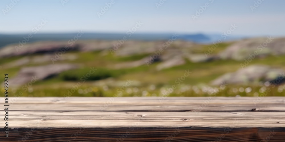 Wall mural the empty wooden brown table top with blur background of greenland in summer. exuberant image. gener