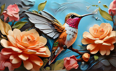 high quality full 3D effects with acrylic painting of creative ideas painted for art of a Hummingbird with flowers. 