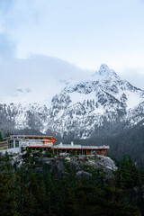 Snow covered Sky Pilot Mountain in Squamish, Canada with Sea to Sky Gondola