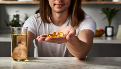 detailed omega 3 fish oil supplement, in the palm of a lady, standing in the kitchen, with a glass of water on the table