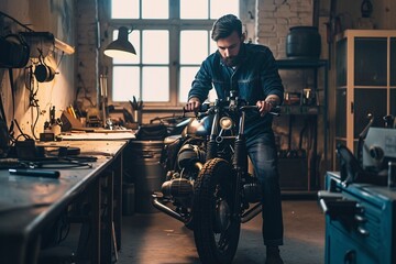 Hombre concentrado ajustando una motocicleta retro en un taller bien equipado - obrazy, fototapety, plakaty