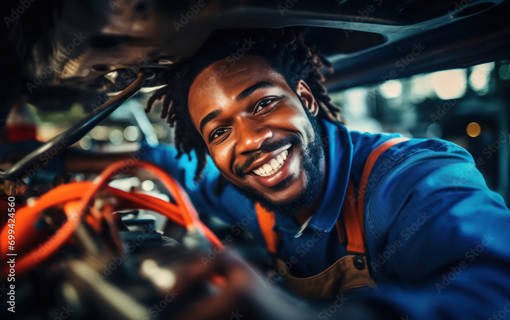 Wall mural smiling auto mechanic while repair car at workshop