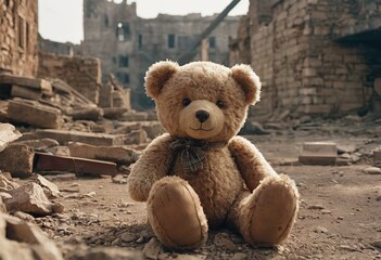 Countryside. A toy (teddy bear) against the backdrop of a house destroyed by shelling. Terror of the civilian population. War crimes