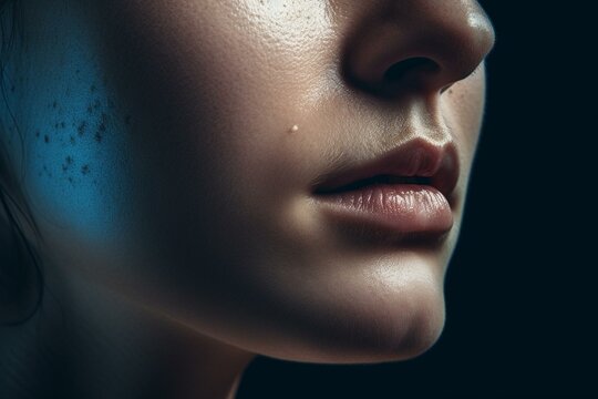 A digitally created image of a female nose in blue color. Generative AI