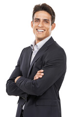 Businessman, arms crossed and smile for portrait, confident and professional on white studio...