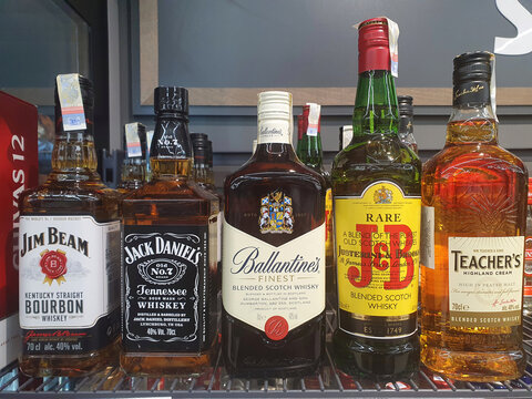 BUCHAREST, ROMANIA - DECEMBER 26, 2023. Whiskey brands on the European market like Jim Beam, Ballantines, Jack Daniels, J&B and Teachers