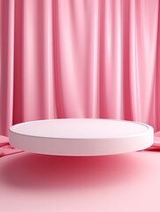 White pedestal or podium display with pink fabric platform on valentines concept background. Blank cosmetic shelf stand for showing product. 3D rendering. copy space - generative ai